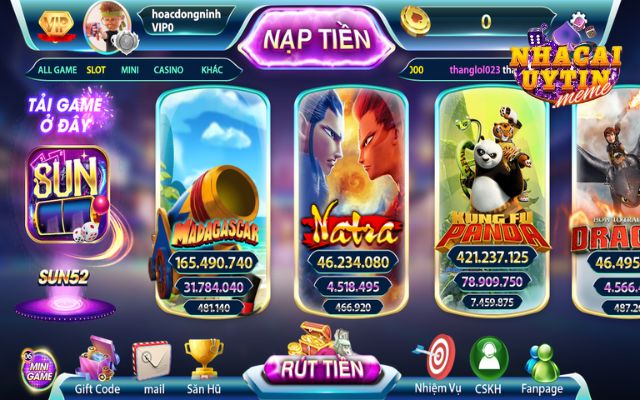 Danh sách game slot nổ hũ Sun52