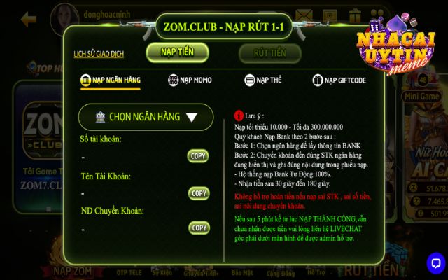 Hướng dẫn gửi tiền Zomclub