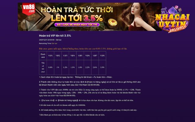 Khuyến mãi VN86 hoàn trả