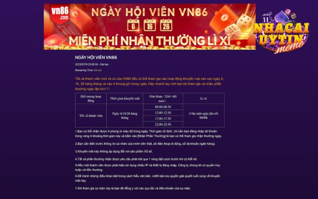 Khuyến mãi VN86 ngày hội thành viên